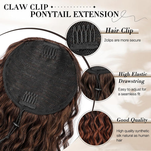 Curly Ponytail Extension Drawstring 16 Inch for Women, Natural Black Mixed Medium Auburn Clip-in Hairpiece