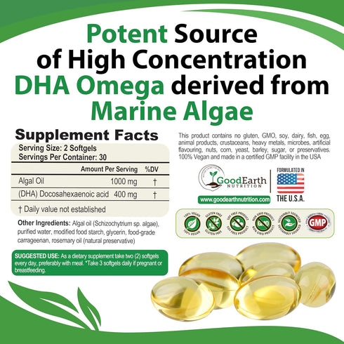 Algal Oil - Vegan DHA Omega 3 Fish Oil Supplements - 60 Mini Fish Softgels for Heart & Immune Support