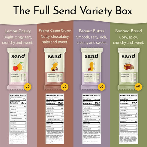 Pack, 8 SEND Bars Plant-Based Vegan Healthy Protein Bars, With Greens (Variety Bars) Only Real Ingredients, Zero Added