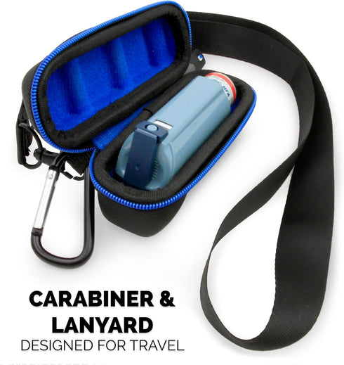 CASEMATIX Asthma Inhaler Travel Case with Lanyard and Clip-on Keychain Carabiner, Black