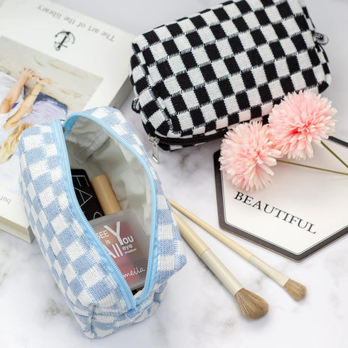 PAZIMIIK Checkered Makeup Bag for Purse, Portable Zipper Cosmetic Case for Travel Accessories (Blue)