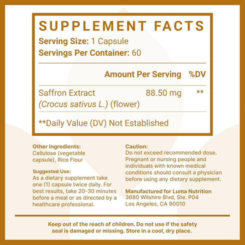 Luma Nutrition Saffron Extract Capsules, 60 Capsules of Premium Saffron Supplements, 88.50 mg Pure Saffron Pills for