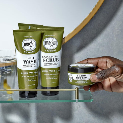 Softsheen-Carson Magic Shaving Beard Grooming Kit for Men, Cedarwood Oil Beard Butter, Scrub and Cleanser Gift Set