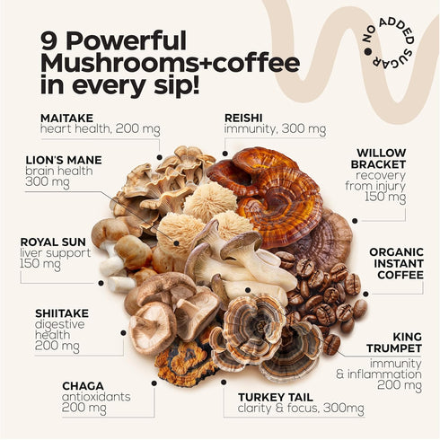 Mushroom Coffee 9 Mushroom Adaptogen Mix for Gut Health, Immunity, and Brain Boost, Keto-Friendly, 105 Servings