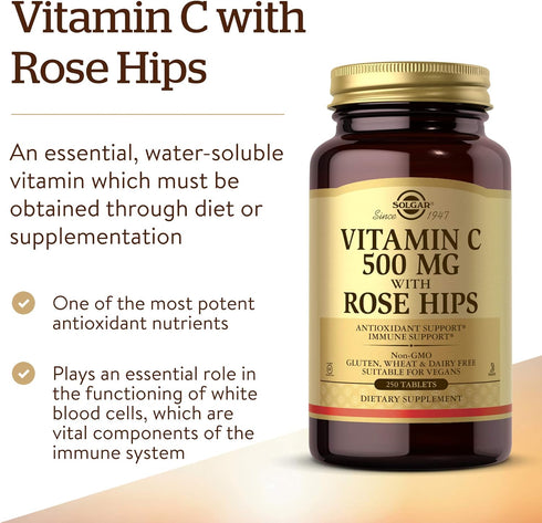 Solgar Vitamin C 500 mg with Rose Hips, 250 Tablets, Antioxidant & Immune Support, Non-GMO, Vegan, Gluten Free