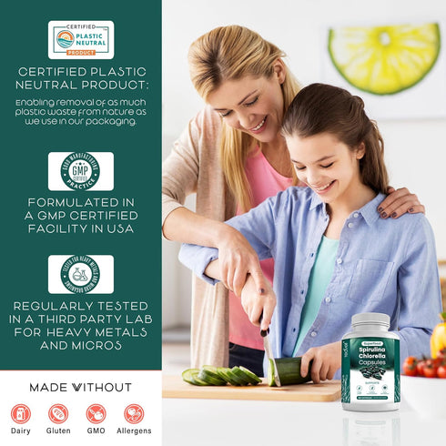 Organic Spirulina and Chlorella Capsules - 180 Chlorophyll Pills to Support Detox, Mitochondria & Energy
