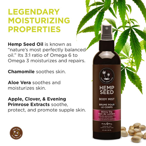 Hemp Seed Body Mist, 8 fl oz - Moisturizes, Invigorates & Protects Skin with Hemp Seed Oil