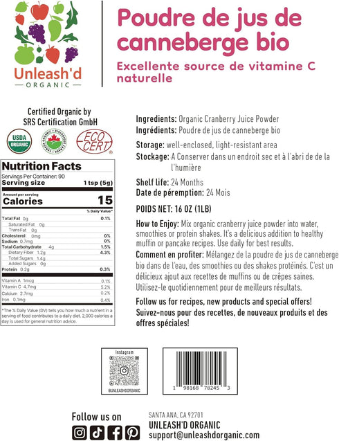 UNLEASH'D ORGANIC 16 oz 100% Unleashd Organic Organic Cranberry Juice Powder Pure Superfood, Rich in Antioxidants