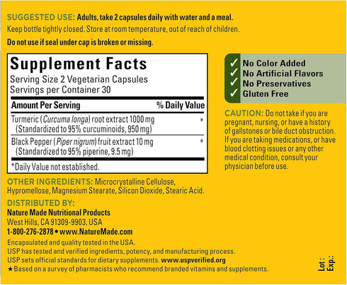 Nature Made Extra Strength Turmeric Curcumin - 1000mg with Black Pepper, 60 Vegetarian Capsules, 30 Day Supply