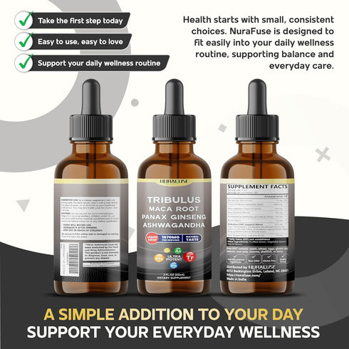 NURAFUSE 1670mg 2 OZ (60ml) Organic Tribulus, Maca Root, Panax Ginseng, Ashwagandha Liquid Drops per Serving, Ultra
