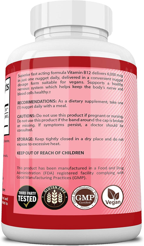 Vitamin B12 6,000 mcg Maximum Strength Fast Acting Formula, Strawberry Flavor Nuggets - Supports Energy Production,
