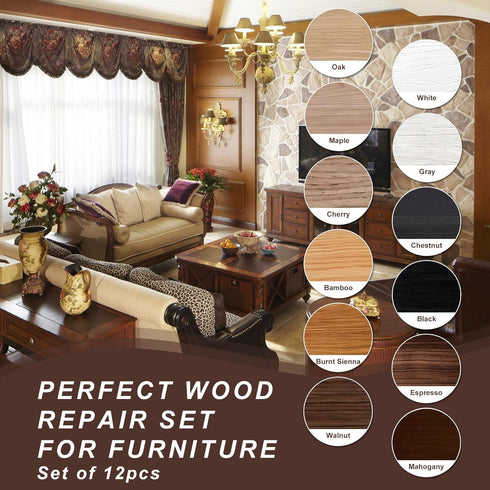 Wood Furniture Repair Kit, 12 Colors Touch Up Fillers for Scratches, Cracks, Discoloration on Wooden Surfaces