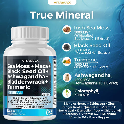 Sea Moss 3000mg Maca 1000mg Black Seed Oil - 2000mg Ashwagandha, Turmeric, Vitamins C & D3, Made in USA (60 Count)