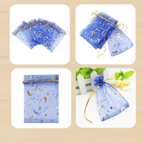 100 Pack 7x9 Inch Moon Star Organza Jewelry Gift Pouch, Drawstring Wedding Favor Bags, Royal Blue