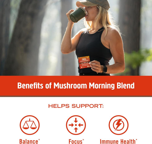 Om Mushroom Superfood Morning Energy Blend Drink, Single Serve, 10 Count - Coffee Free with Cordyceps, Vitamin D2