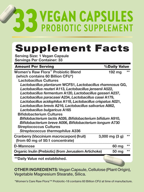 Raw Flora Probiotics for Women | 60 Billion CFU | 33 Vegan Capsules | with Cranberry & D-Mannose | Vegan & Gluten Free