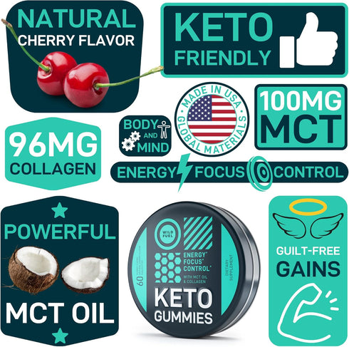MCT Oil Keto Gummies, Collagen Metabolism Booster, Pre Workout Gummy Energy Chews, 60 Cherry Gummies