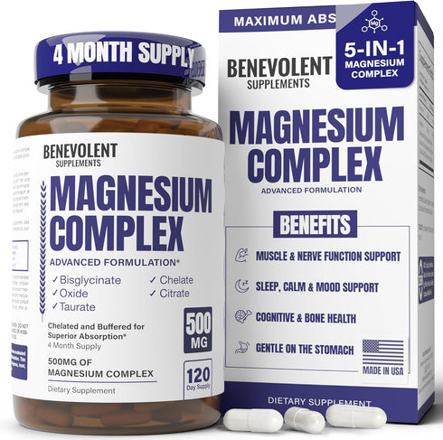 Magnesium Complex Supplement, 4 Month Supply of 500mg 5-in-1 Bisglycinate, Oxide, Taurate, Aspartate, Citrate for Calm,