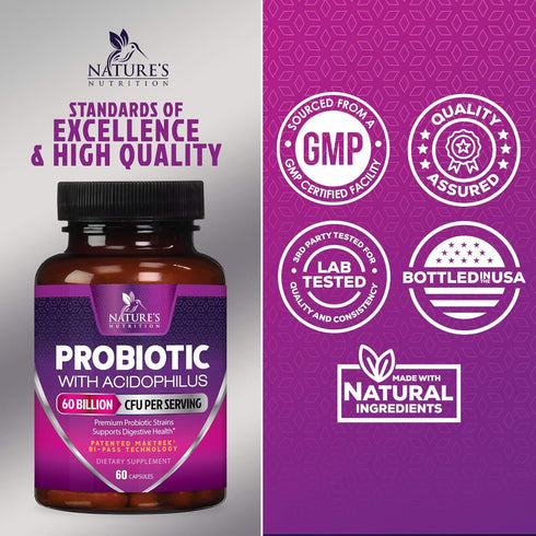 Probiotics, 60 Billion CFU per Serving, with Prebiotics for Digestive & Immune Health Support, 60 Capsules