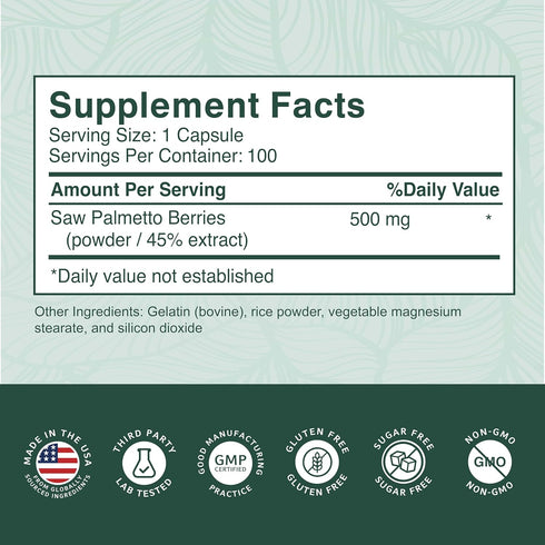 PurePremium Saw Palmetto 500 mg for Men/Women – Maximum Strength Extract, 100 Tablets