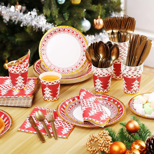 200 Pcs Christmas Dinnerware Set for 25 Guests, Red and White Paper Plates, Napkins, Gold Tableware Kits, Cups, Forks,
