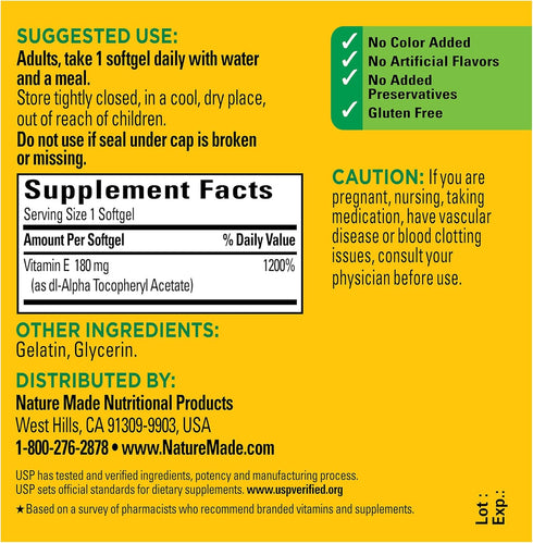 Nature Made Vitamin E 180 mg (400 IU) dl-Alpha, 100 Softgels - Dietary Supplement for Antioxidant Support, 100 Day