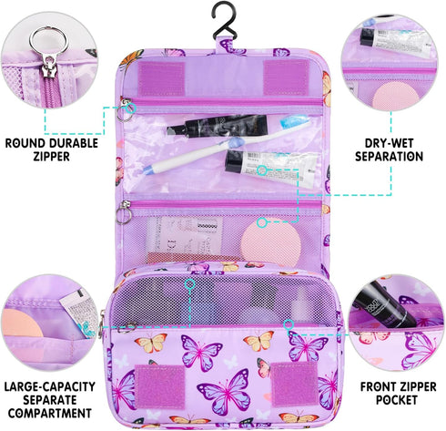 Kids Hanging Toiletry Bag for Girls, Waterproof Travel Makeup Bag for Little Young Girls, Butterfly Purple