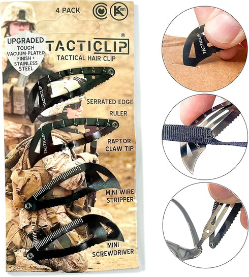 Tactical Hair Clips 4 Pack - Black Multitool Snap Barrettes with Laser Engraved Design