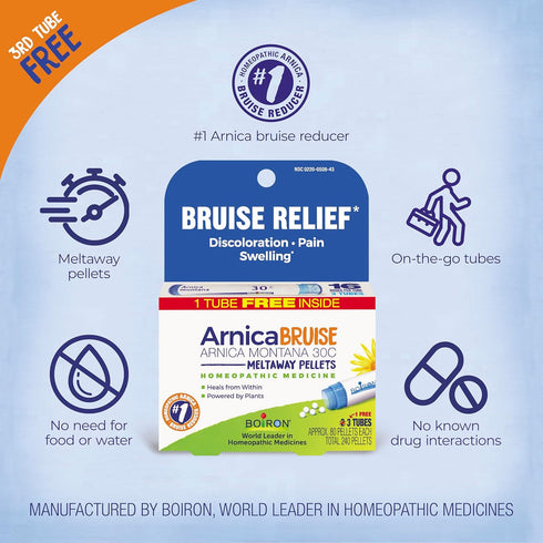 Boiron Arnica Bruise - Arnica Montana 30c for Pain, Swelling, Discoloration from Bruises - 3 Count (240 Pellets)