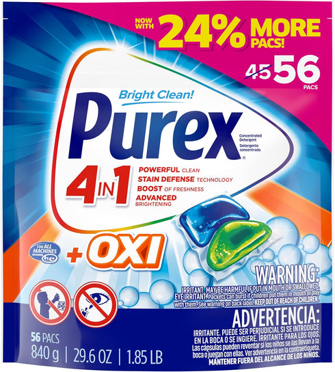 Purex 4-in-1 + OXI Laundry Detergent Pacs, Fresh Morning Burst, 56 Count
