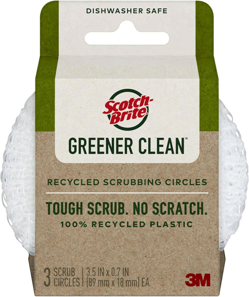 Scotch-Brite Greener Clean Recycled Scrubbing Circles, for Washing Dishes and Cleaning Kitchen, Dishwasher Safe, 3