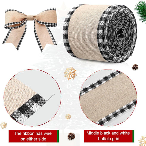 2 Rolls Christmas Buffalo Plaid Wired Edge Ribbons, 216 Inch Craft Wrapping Ribbon, Black and White