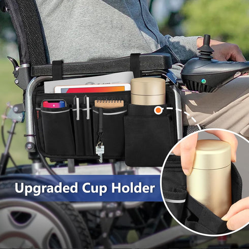 FINPAC Wheelchair Side Organizer Bag with Cup Holder, Wheelchair Armrest Accessories Pouch with Pen Slot and Reflective