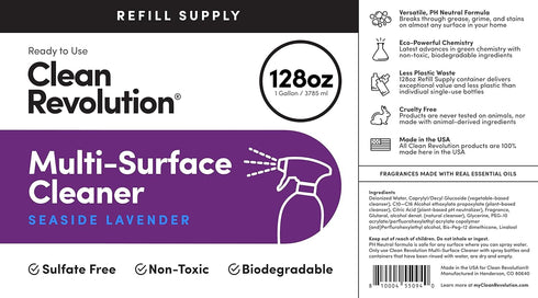 Clean Revolution Multi Surface Cleaner Refill, Non-Toxic Eco-Friendly Plant-Based, Seaside Lavender, 128 Fl Oz