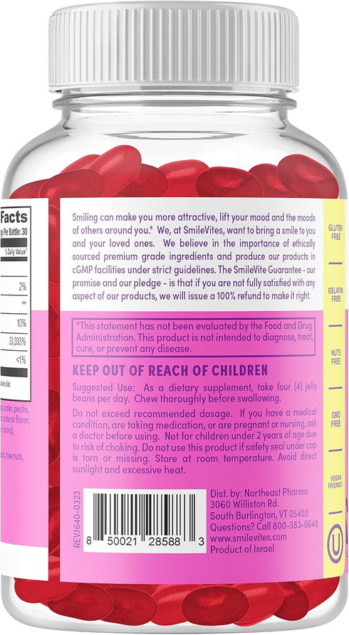 SmileVites Biotin 10,000 MGC Hair, Skin, and Nails Supplement, Strawberry Flavored Jelly Beans, 120 Count