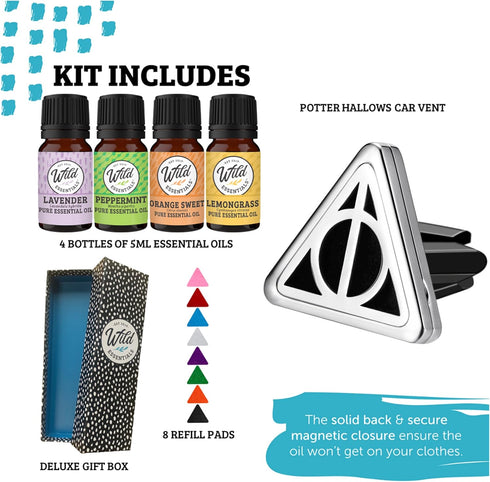 Wild Essentials Potter Hallows Essential Oil Car Vent Diffuser Kit with Lavender, Lemongrass, Peppermint, Orange Oils