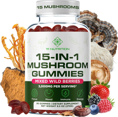 Yi Nutrition 15-in-1 Gummies 10:1 Immunity 90 Gummies Sugar-Free Mushroom Complex Extract - Lion's Mane, Cordyceps