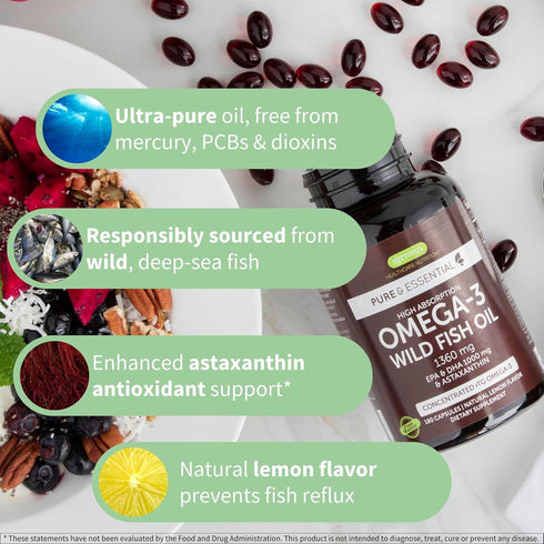 Super Concentrated rTG Omega 3 Wild Fish Oil - 1000mg, EPA DHA 2:1 Ratio, 180 Softgels, Non-GMO