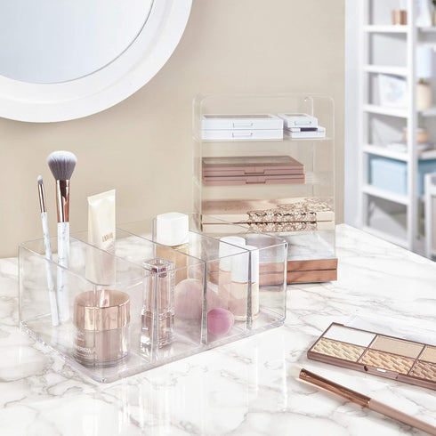 STORi Clear Plastic Organizer with 4 Compartments | Rectangular Makeup Storage Bin | Use Upright for Eyeshadow Palettes