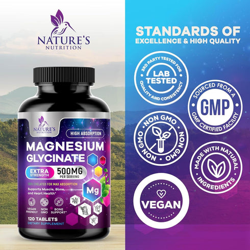Magnesium Glycinate 500mg | High Absorption Chelated Supplement for Bone, Muscle, Nerves & Heart Health | 120 Tablets,