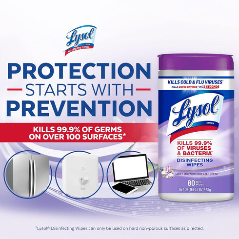 Lysol Disinfectant Wipes, 80 Count, Multi-Surface Antibacterial Cleaning Wipes, Early Morning Breeze, Pack of 6