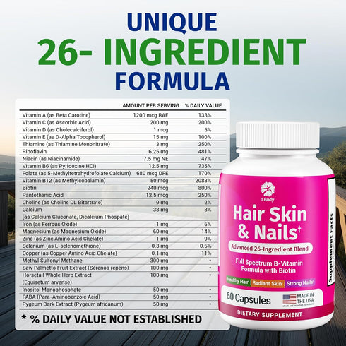 1 Body Hair Skin and Nails Vitamins with Biotin – 60 Vegan Capsules – 26 Vitamins, Minerals and Herbal Extracts