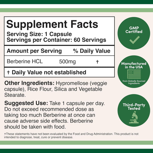 Berberine Supplement 500mg, 60 Capsules (Third Party Tested, Non-GMO, Gluten Free, Vegan Safe) AMPK Activator - Berberine HCL for Cardiovascular Health by Double Wood