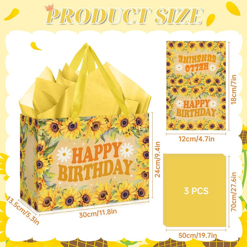 Wauprant Large Sunflower Birthday Gift Bag for Girls Women Yellow Floral Happy Birthday Gift Bag with Wrapping Paper