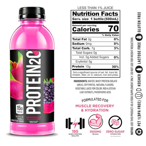 Protein2o Whey Protein Isolate Infused Water - 15g, Sugar Free, Gluten Free, 16.9 oz Bottle (Pack of 12)