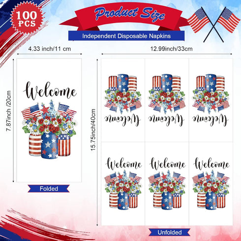Yisong 100 4th 4th 3 Pieces of July Napkins Independence Day Paper Guest Towels Disposable Memorial Day Hand Towels