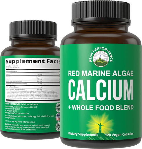 Plant Based Calcium - Red Marine Algae Calcium Supplement with Vitamin C, D3, K, Magnesium - Vegan Capsules for Bones,