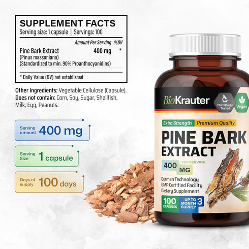 BIO KRAUTER Pine Bark Extract Capsules, 400 mg - 100 Count, Antioxidant Supplement, Vegan, No Fillers