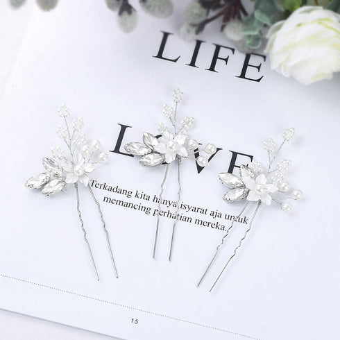Heread Crystal Bride Wedding Hair Pins, Silver Flower Bridal Head Piece, Pearl Hair Accessories (Pack of 3)