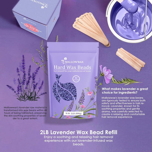 Lavender Wax Beads for Hair Removal, Natural Hypoallergenic Formula, 2LB Stripless Refillable for Sensitive Areas